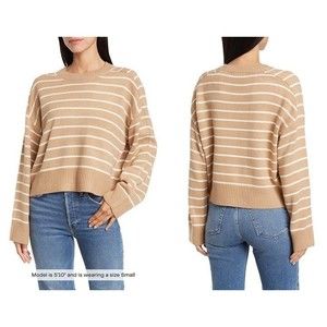 NEW Tahari Tan & White Saddle Stripe Cropped Boxy Crewneck Sweater Wide Cuff